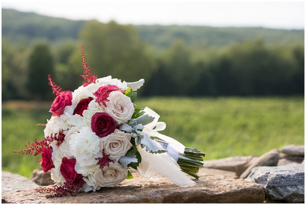 Red and white bridal bouquet.