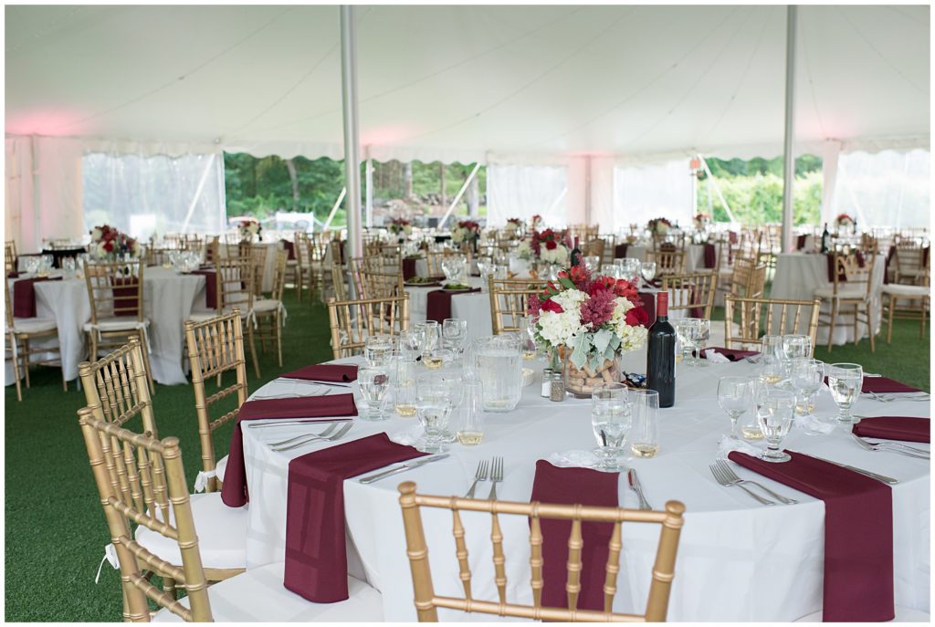 Tent Wedding at Preston Ridge Vineyard, with red and white decor. 
