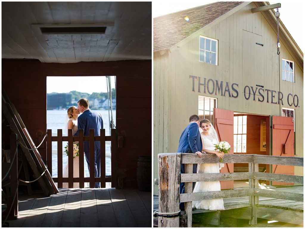 Bride and groom portraits at the Thomas Oyster Co Building at the Mystic Seaport Museum. 