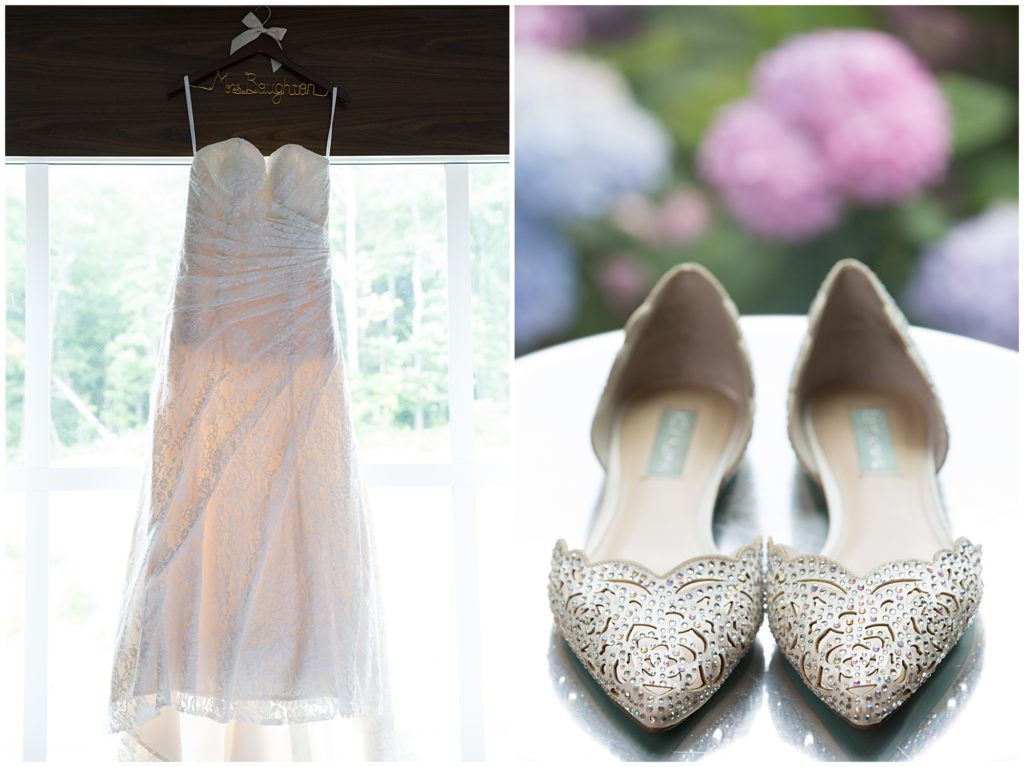 Lace Wedding Dress with embellished rhinestone shoes. 