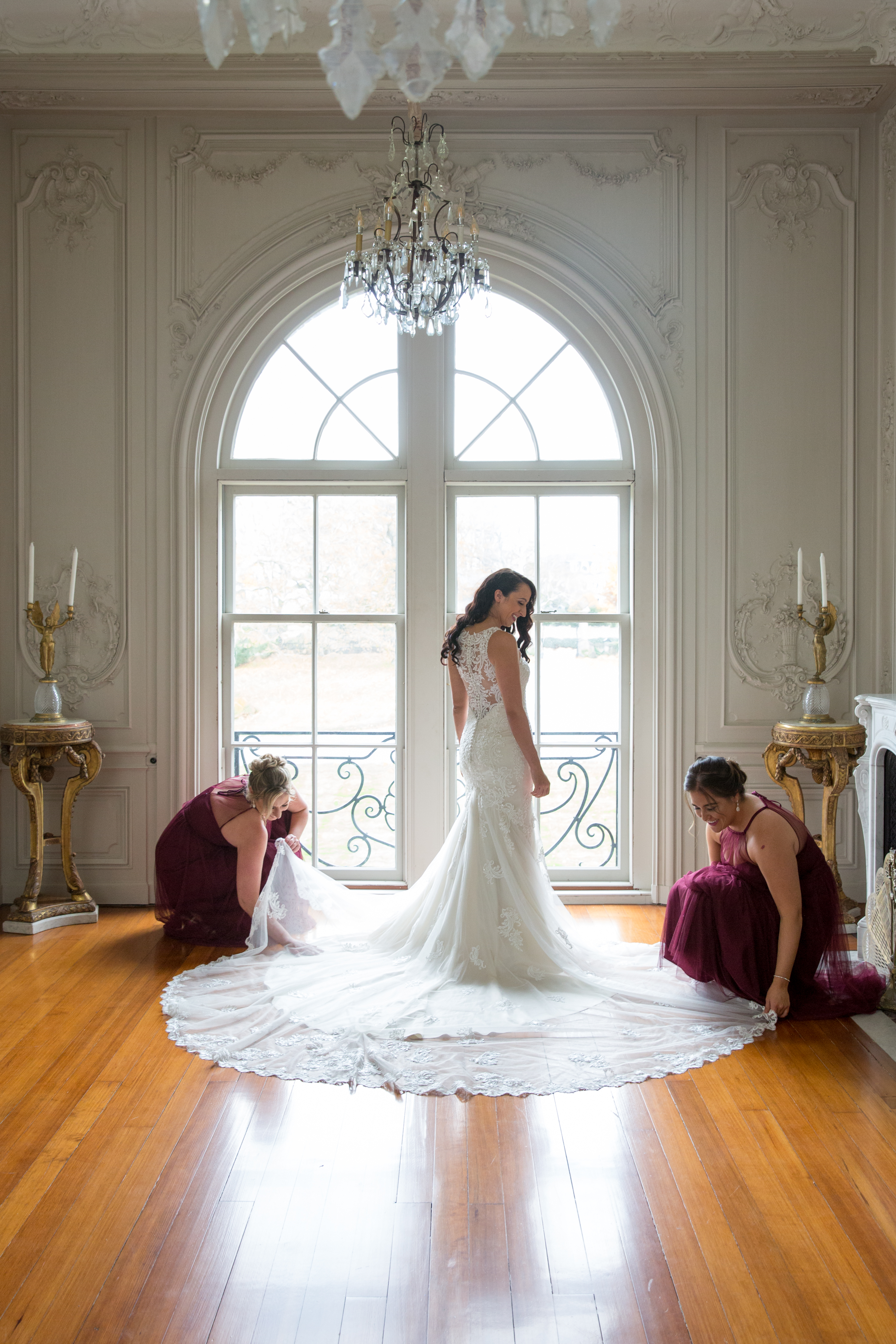 Bride getting ready at the Newport Mansions in Newport Rhode Island.
