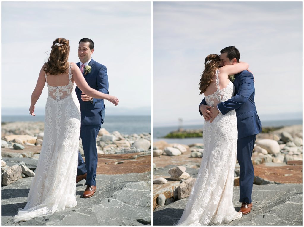 First look portraits of a Bride and Groom at the Scituate Light House.
