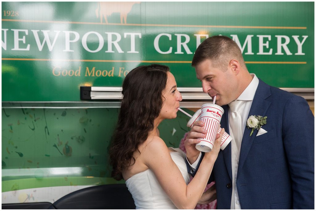 Bride and groom order Ice-cream at the window of a Newport Creamery Truck. 