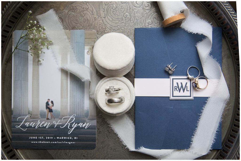 Blue and white wedding invitation suite, with bridal jewelry. 