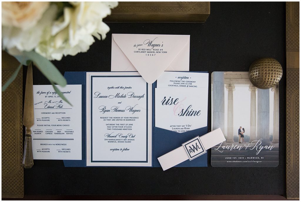 Blue and white wedding invitations. 