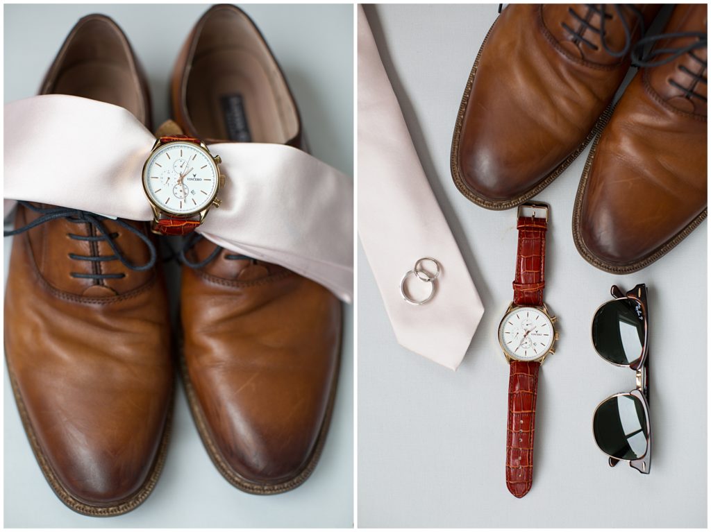 Grooms wedding day details. Brown leather shoes, and brown leather watch.
