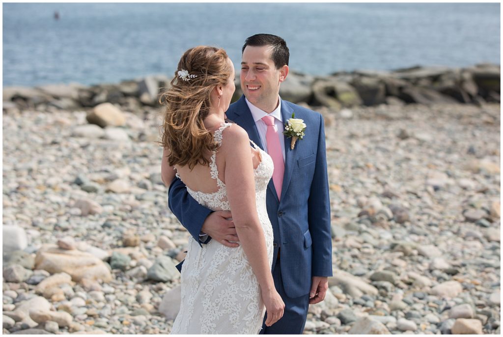 First look portraits of a Bride and Groom at the Scituate Light House.